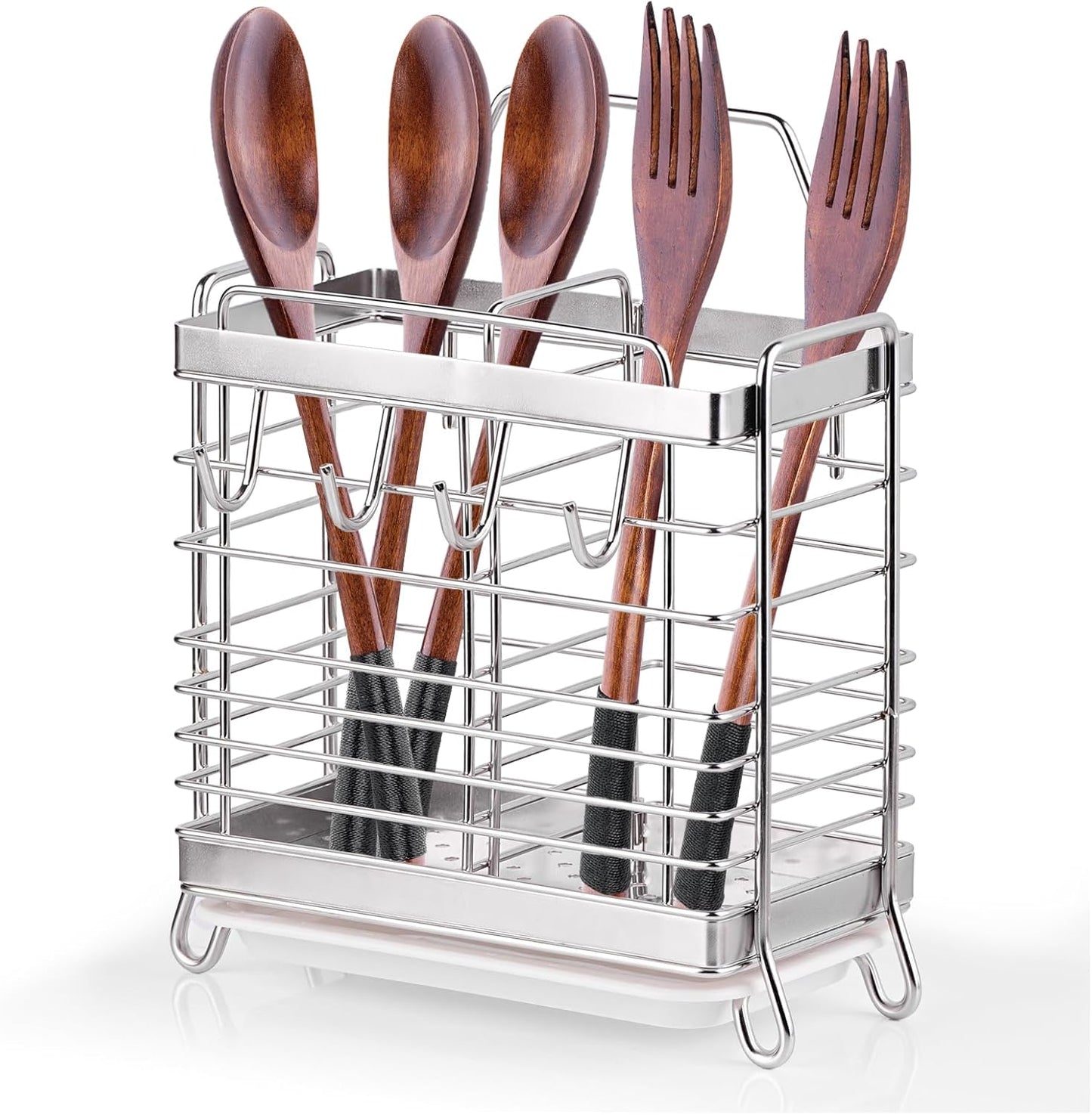 Utensil Holder, Stainless Steel Utensil Drying Rack with Drain Tray, Kitchen Counter Drainer Basket Silverware Cutlery Flatware Holder Forks, Knives, Spoons, Chopsticks Organizer (Silver)
