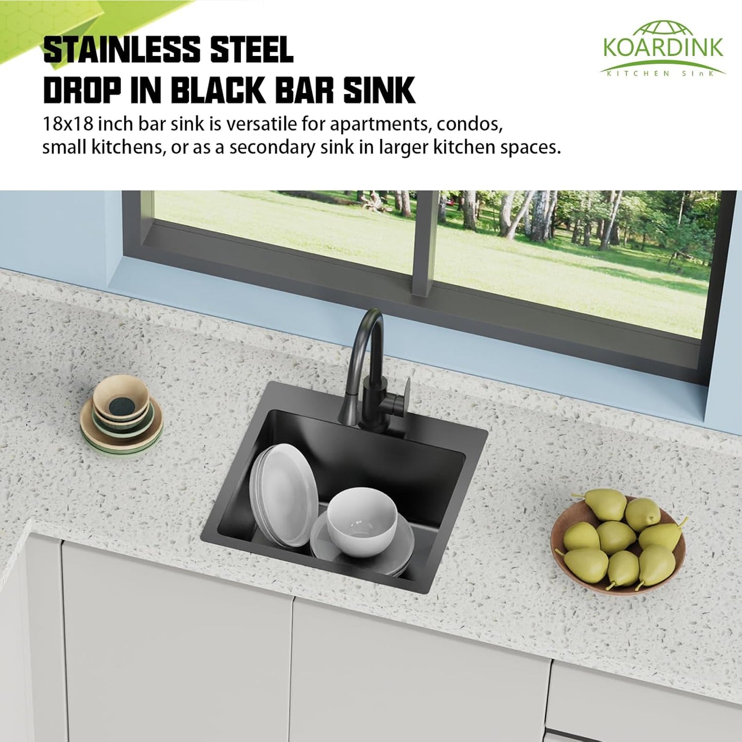 Black 18x18 In Drop In Kitchen And Bar Sink- Stainless Steel Single Bowl Kitchen Sink Modern Topmount Bar Sink With Silicon Mat,Drain Strainer Set Compatibility With Various Kitchen & Bar Style