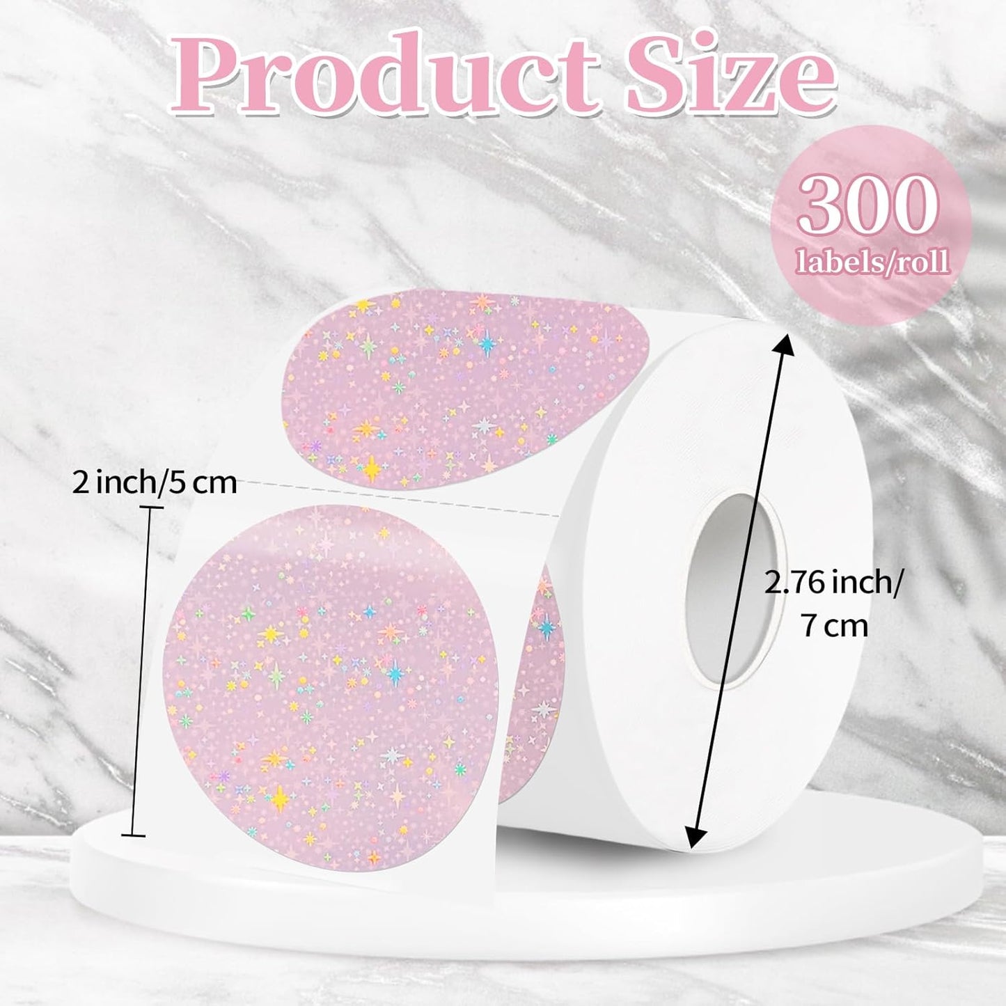 2''Holographic Thermal Label,Round Self-Adhesive Direct Thermal Label,Thermal Stickers for DIY Logo Design,Name Tag (300/Roll Pink Starry Sky