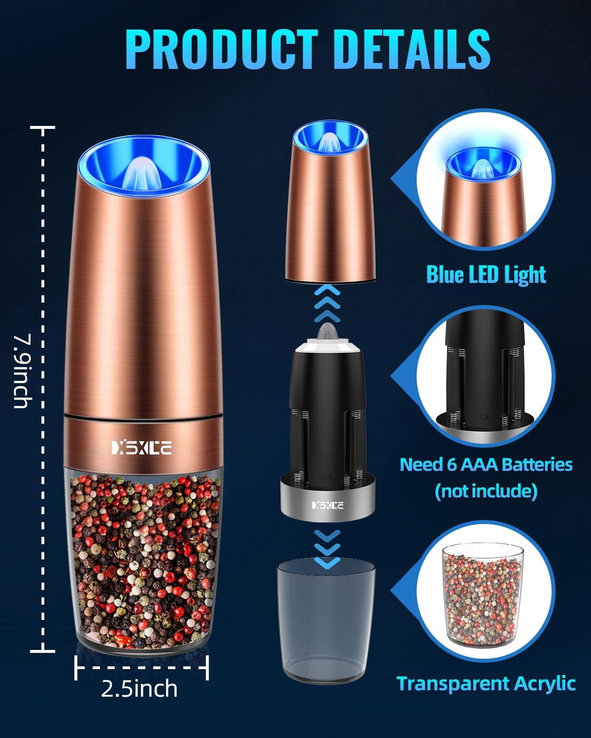 XinXu Gravity Electric Pepper and Salt Grinder Set, Adjustable Coarseness, Battery Powered with LED Light, One Hand Automatic Operation, Stainless Steel -Copper, 2 Pack