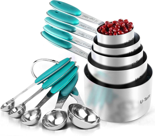 Measuring Cups : U-Taste 18/8 Stainless Steel Measuring Cups and Spoons Set of 10 Piece, Upgraded Thickness Handle (Teal)