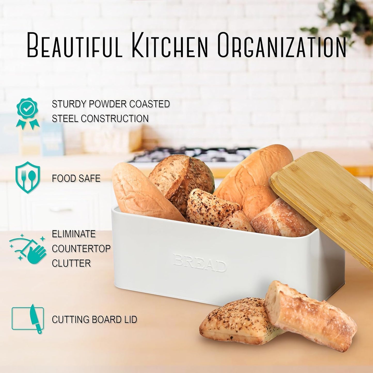 White Bread Box for Kitchen Countertop, Small Storage Container with Bamboo Lid, Modern Kitchen Organizer for Sourdough, Buns, and Loaves, Bread Storage with Cutting Board Lid