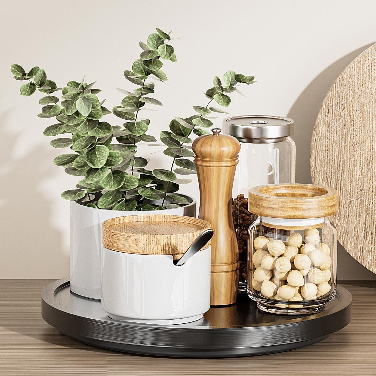 LAMU 12' Wood Lazy Susan Organizer Turntable for Cabinet, Lazy Susan for Table Top, Pantry, Kitchen, Bathroom, Countertop, Rotating Spice Organizer, Vanity Decor Tray, Pine Wood, Black