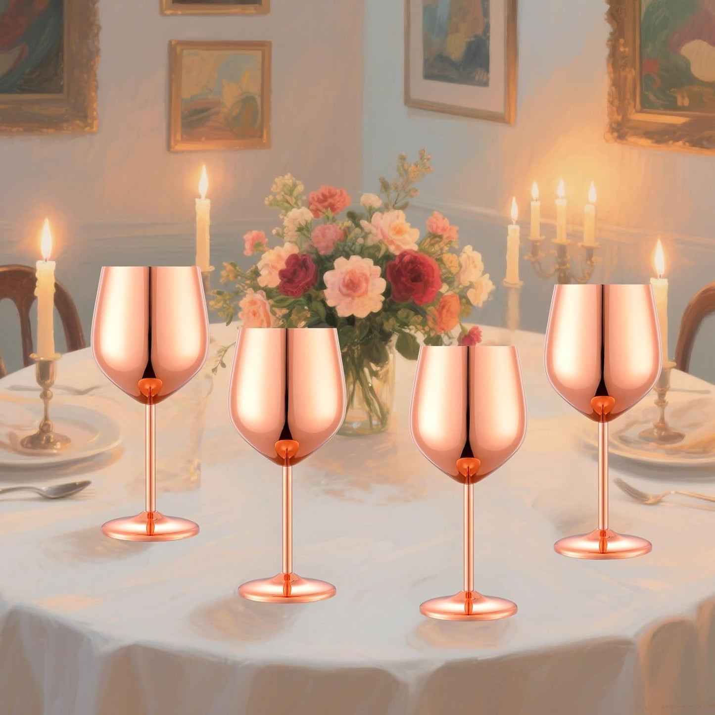 Stainless Steel Wine Glasses Set of 4 Unbreakable Wine Glass 18 oz Unique Metal Wine Goblets for Outdoor, Travel, Camping, Pool, Ideal Gift for Wine Lovers (Mirror-Rose Gold)