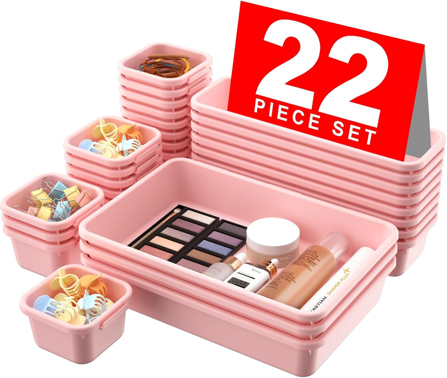 【𝟮𝟮𝗣𝗖𝗦】A-LUGEI Plastic Pink Desk Drawer Organizer, Bathroom Organizers and Storage, Makeup Organizer, Organization and Storage Bin Container for Vanity Office Utensils Gadget Tool Pantry Cosmetic