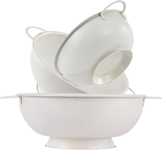 Stainless Steel Colander 3 Piece,Metal Strainer Basket with Solid Base and Handles for Kitchen Food,Pasta, Noodles, Vegetables and Fruits,Powder Coated,BPA Free,Dishwasher Safe,2 & 3 & 4.5 Qt (Cream)