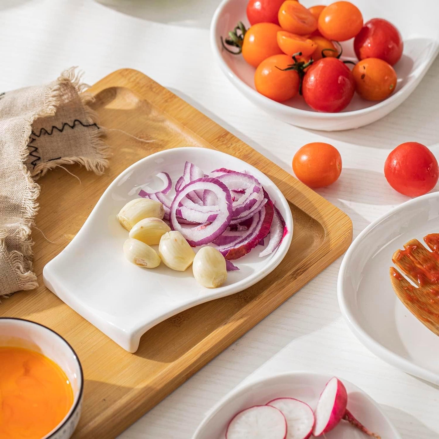 Spoon Rest for Kitchen Counter, 5.5 Inches Spoon Holder, Ceramic Ladle Rest for Stove Top, Spatula Holder Porcelain, Coffee, Kitchen Utensils Accessories, Set of 4, White