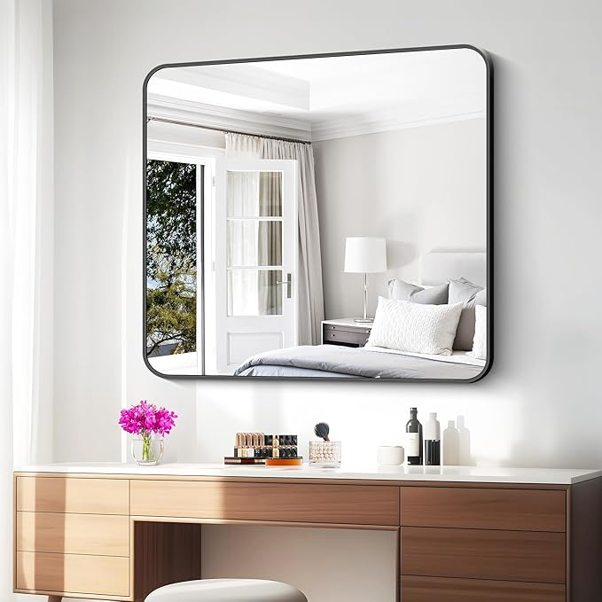 36x40 inch Bathroom Mirror,Black Rectangle Mirror,Wall Mounted Bathroom Frame Vanity Mirror with Round Corner for Bedroom Living Room,Entryway Hangs Horizontal or Vertical