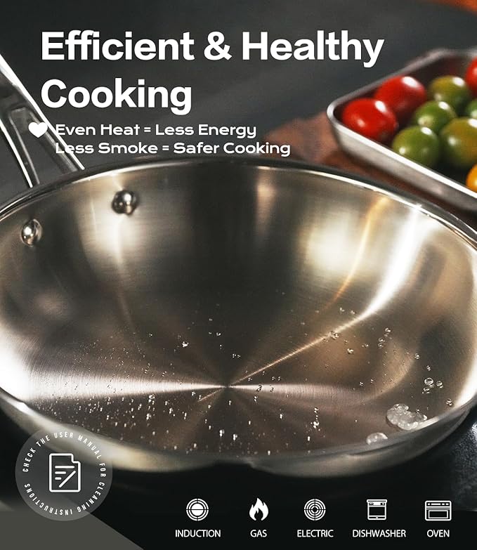 12 Inch Stainless Steel Pan, 5-Ply Clad Base 800℉ Safe Frying Pans for Even Heating, Premium Cookware for Induction, Gas,Electric&Oven