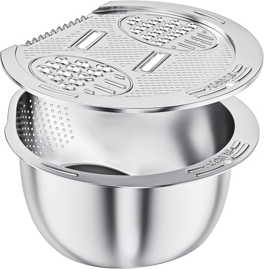 ESOW Colander Set Stainless Steel, Rice Washer Strainer Bowl with Grater, Multipurpose Use for Food Storage, Draining Water, Cutting and Slicing/Shredding, Kitchen Essentials