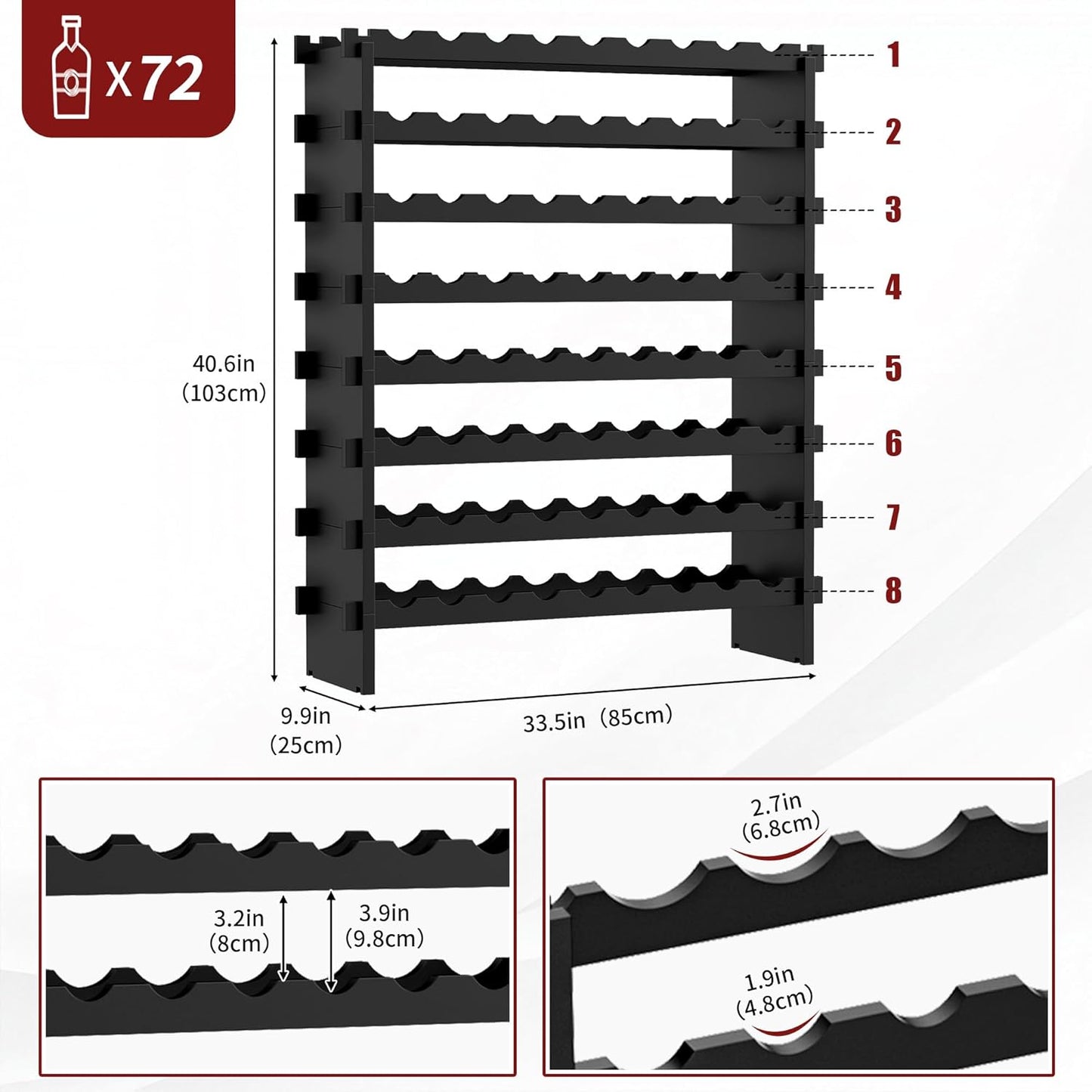 VASMIA Bamboo Stackable Wine Rack,72 Bottles Wine Rack Freestanding Floor,No Tools Assembly,8-Tier Display Wine Storage Shelf for Kitchen, Bar, Dining Room,Cellar,Black