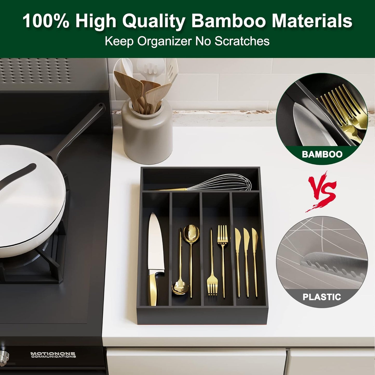 Bellsal Black Utensil Organizer 10 Inch Silverware Tray for Utensil Holder Cutlery Organizer Kitchen Drawer Organizer 5 Compartment Small Narrow Bamboo