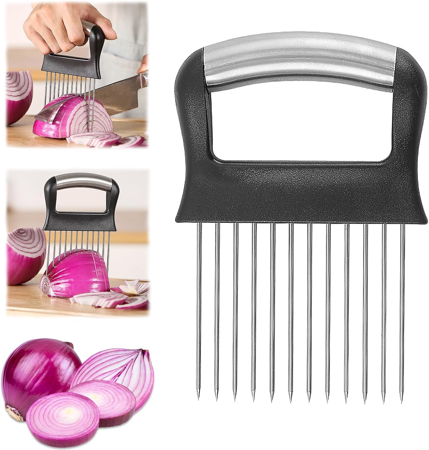 Suuker Onion Holder for Slicing, Large Onion Cutter Vegetable Chopper, Stainless Steel Tomato Slicer for Potato Lemon, Kitchen Food Slicer Guide for Neat Slicing, Meat Tenderizer Tool