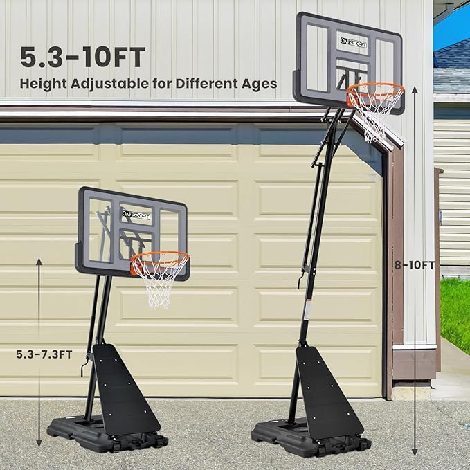 Basketball Hoop Outdoor 44-48Inch Impact Backboard, 5.3-10FT Height Adjustable Basketball Hoop Goal System with Portable Wheels for Adults