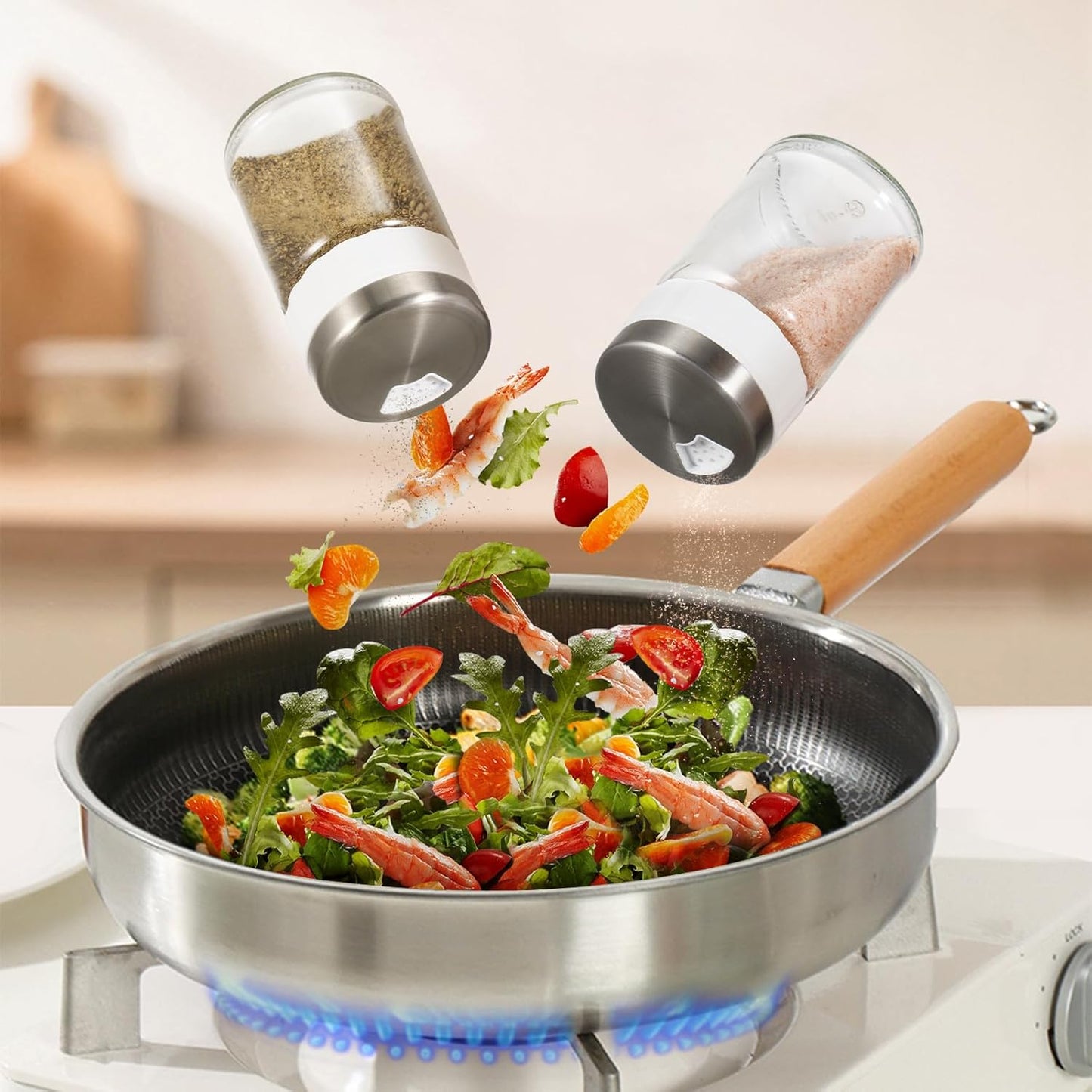 VUCCHINI Salt and Pepper Shaker Set with Adjustable Pour Holes 3.4 oz Seasoning Spice Shaker with Lid Stainless Steel Salt Dispenser Farmhouse Kitchen