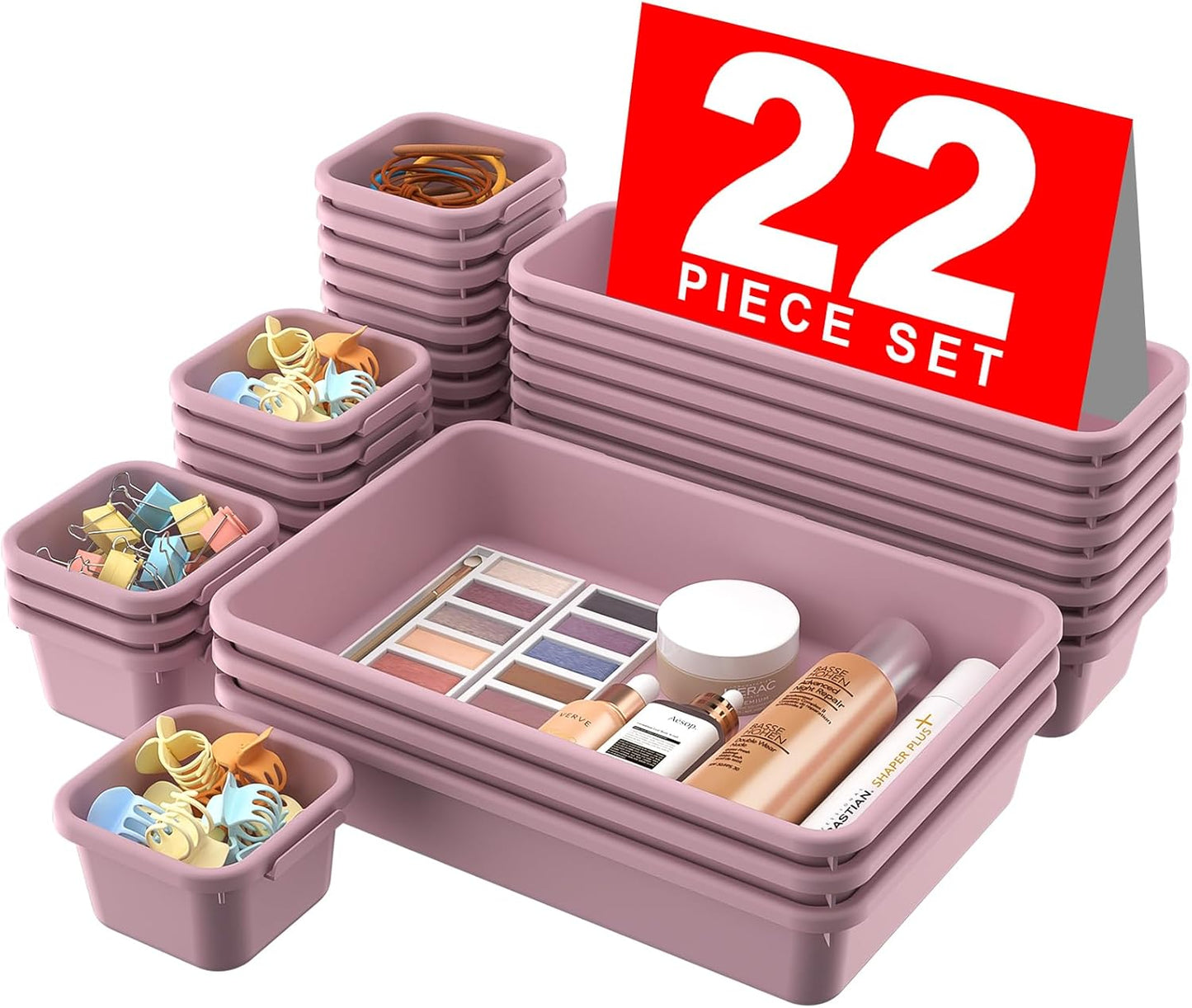 A-LuGei 【𝟮𝟮𝗣𝗖𝗦】 Plastic Lilac Desk Drawer Organizer, Bathroom Organizers and Storage, Makeup Organizer, Organization and Storage Bin Container for Vanity Office Utensils Tool Pantry Cosmetic