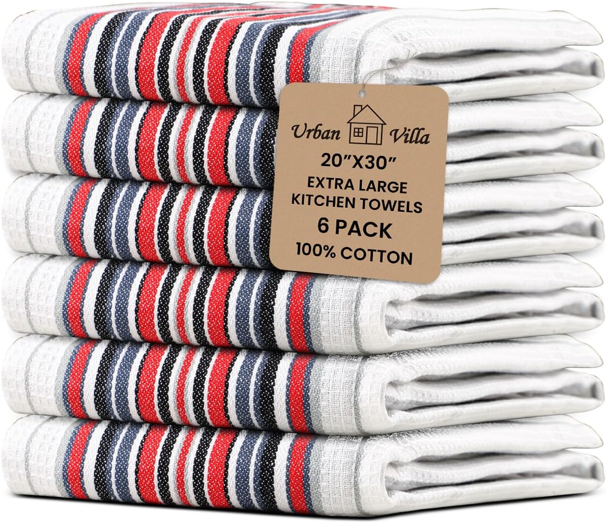 Urban Villa Kitchen Towels, Premium Quality, Cotton Dish Towels,Mitered Corners,Ultra Soft (Size: 20X30 in), White Waffle Stripes, Highly Absorbent Bar Towels & Tea Towels - (Set of 6)