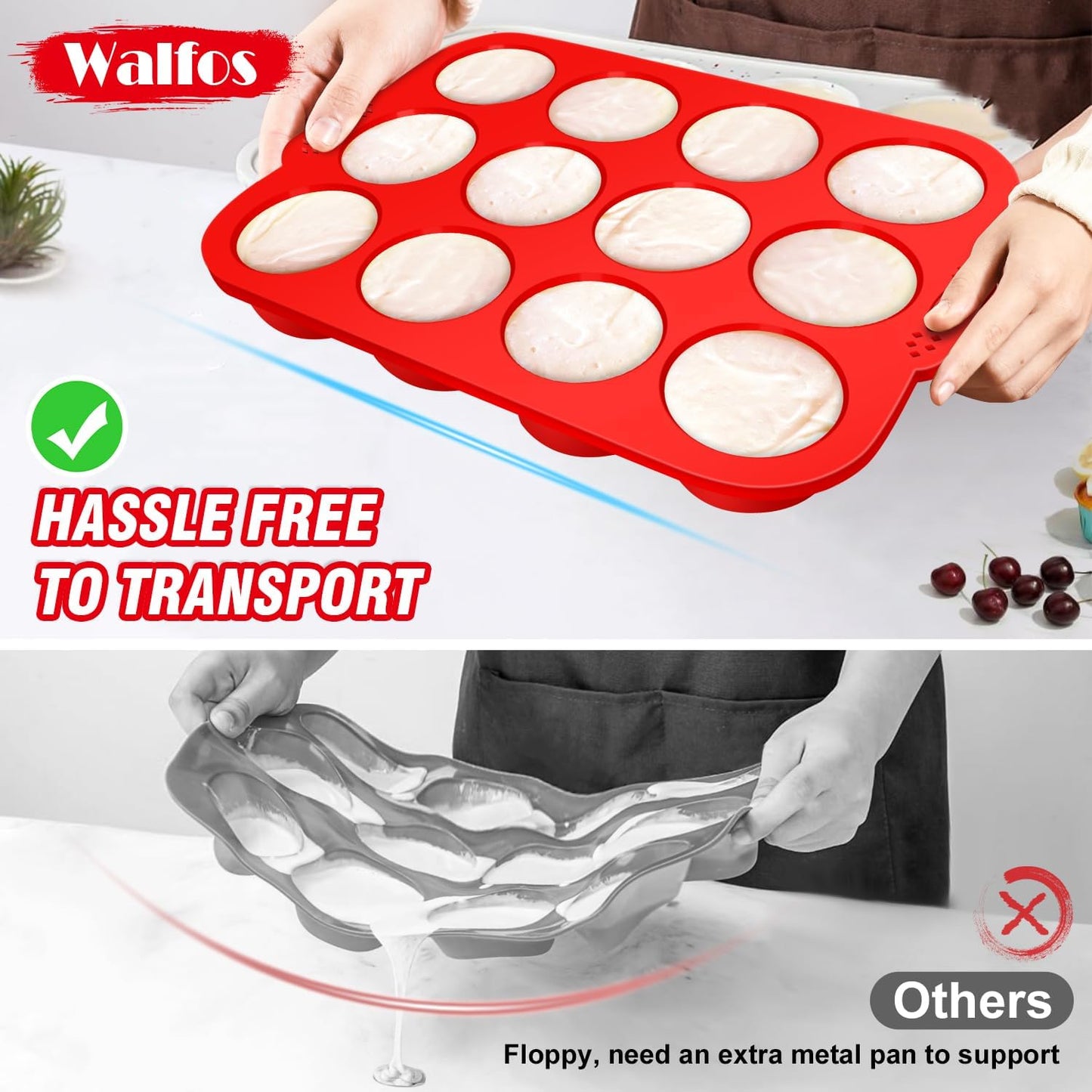 Walfos Silicone Muffin Pan with Metal Frame, 2.8 Inch Regular Size Silicone Cupcake Pan Muffin Tin, Non-Stick 12 Cups Egg Bites Molds for Baking, BPA Free, Dishwasher Safe, 2 Pack