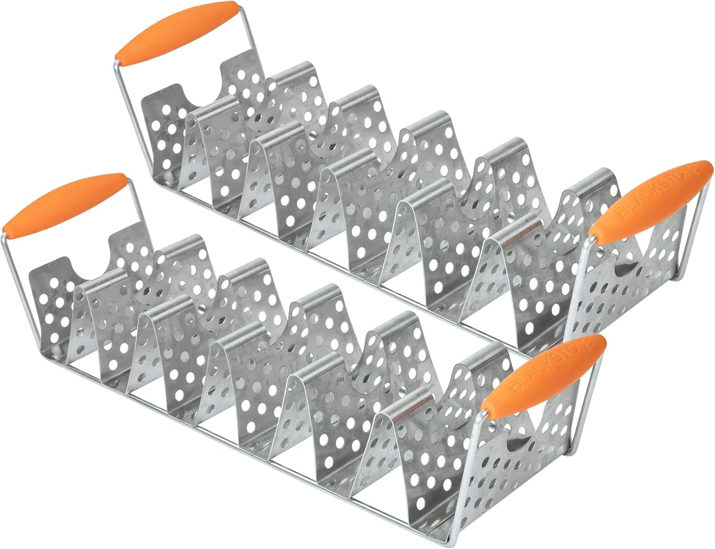 BLACKSTONE 5173 Deluxe Holder Stand Pack of 2 Stainless Steel Racks with Heat Resistant Handles-One Tray Holds 6 Tacos-Dishwasher Safe, Orange/Silver