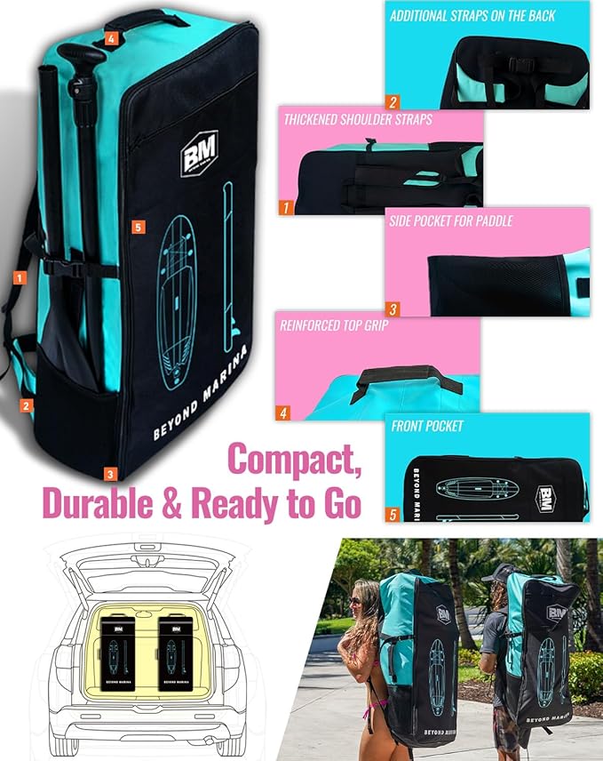 BM Paddle Board Inflatable Stand Up Paddle Board, SUP Paddleboard for Adult, Premium Accessories | Non-Slip EVA Deck & Foam Handles, Camera Mount, Double Action Pump, 85L Travel Backpack