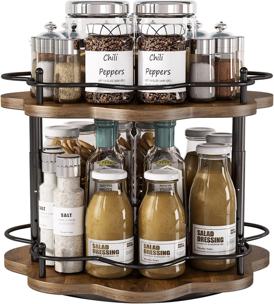 2 Tier Lazy Susan Organizer,2-Tier Spinning Spice Rack with Stable Carousel Base & 4 Height Settings for Cupboard Kitchen Countertop Dining Table Cupboard (Two-Ply(Petal Shape))