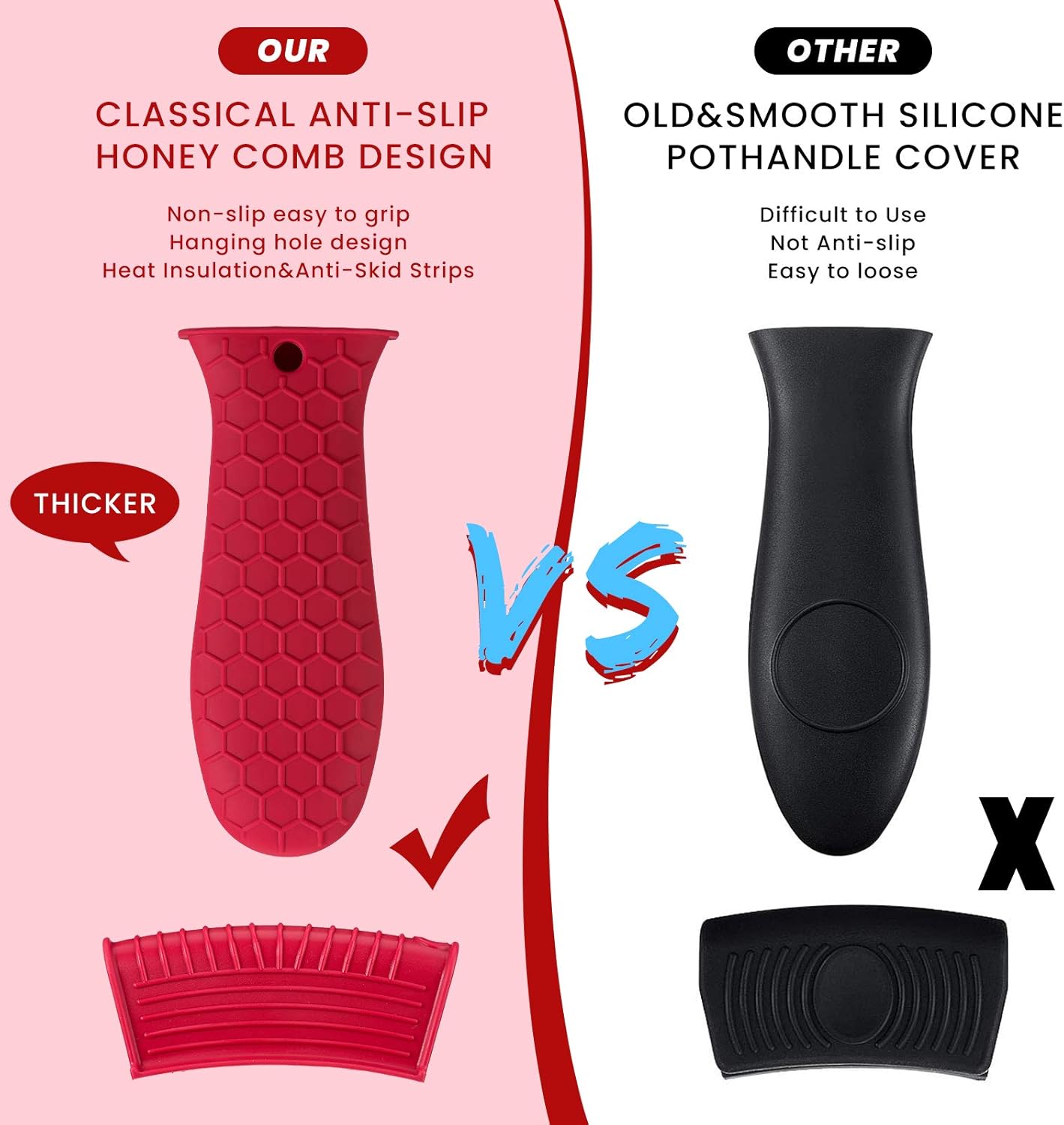 Patelai 8 Pcs Silicone Pot Holders Set Cast Iron Handle Cover Heat Resistant Pot Handle Covers Potholder Non Slip Reusable Pan Sleeve for Frying Pan Kitchen Supplies(Red)