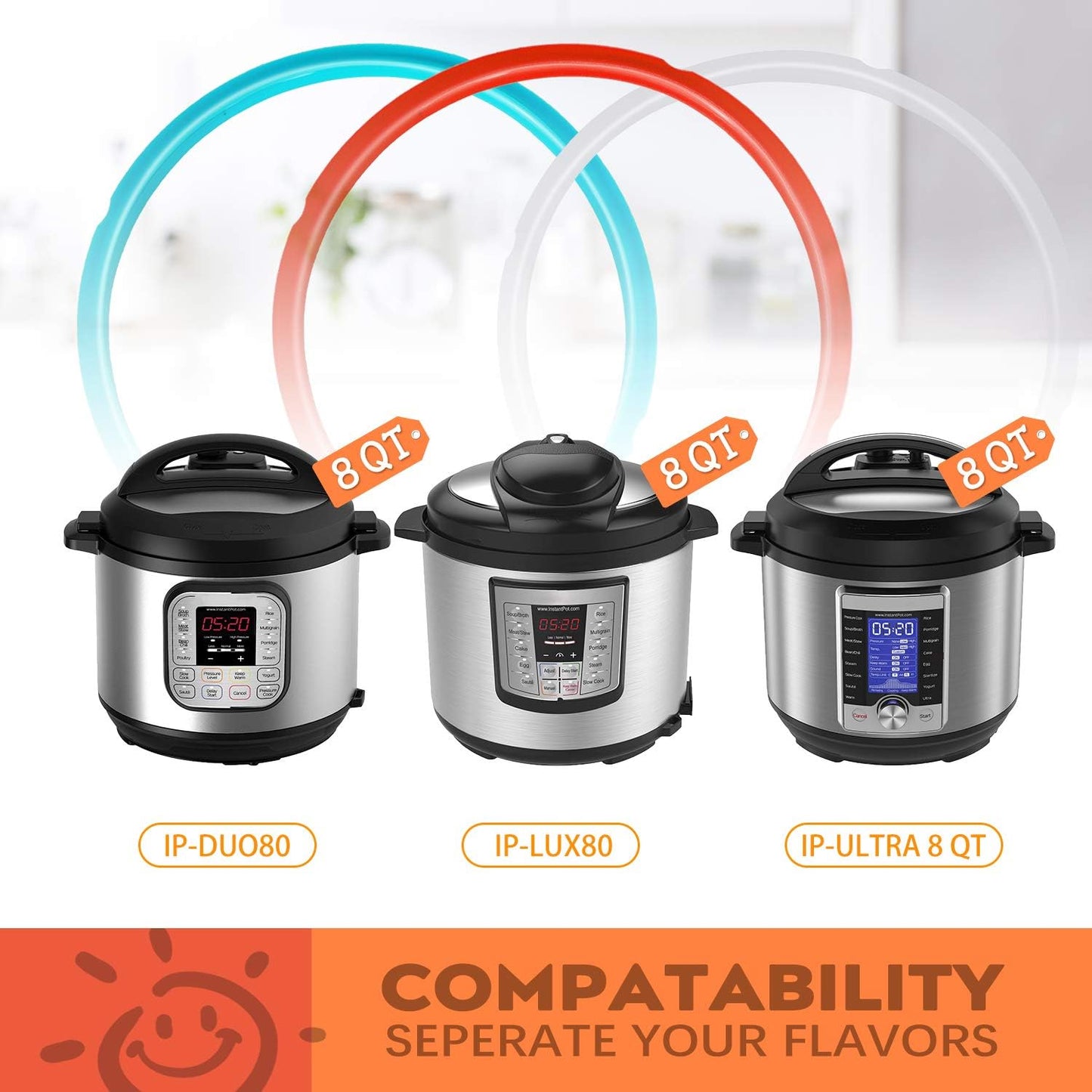 Premium Silicone Sealing Ring 3-Pack for InstantPot 8Qt - Dishwasher Safe Food-Grade Replacement Gasket, Compatible with 8Qt IP-DUO80/IP-LUX80/Ultra/Duo Plus/Viva (8 Quart Silicone Seals)