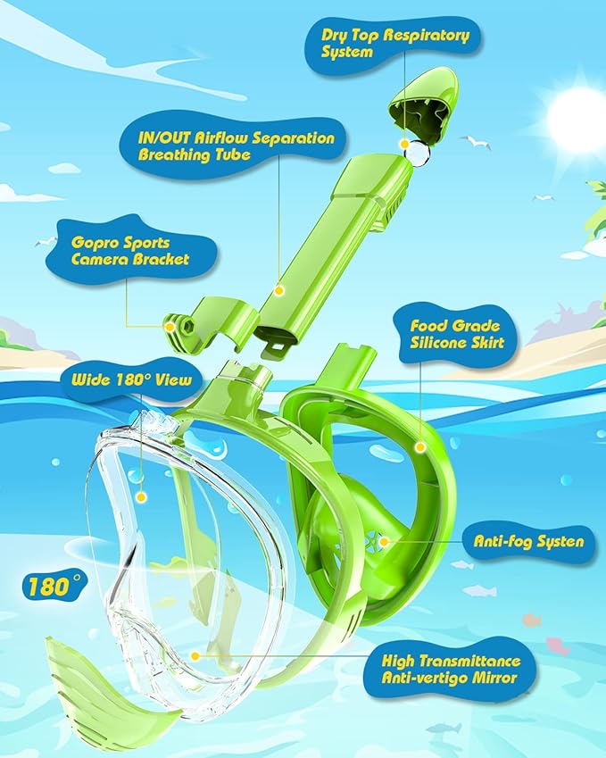 QingSong Kids Snorkel Mask Full Face, Snorkeling Set with Camera Mount, Foldable 180 Degree Panoramic View Snorkeling Gear Anti-Fog Anti-Leak