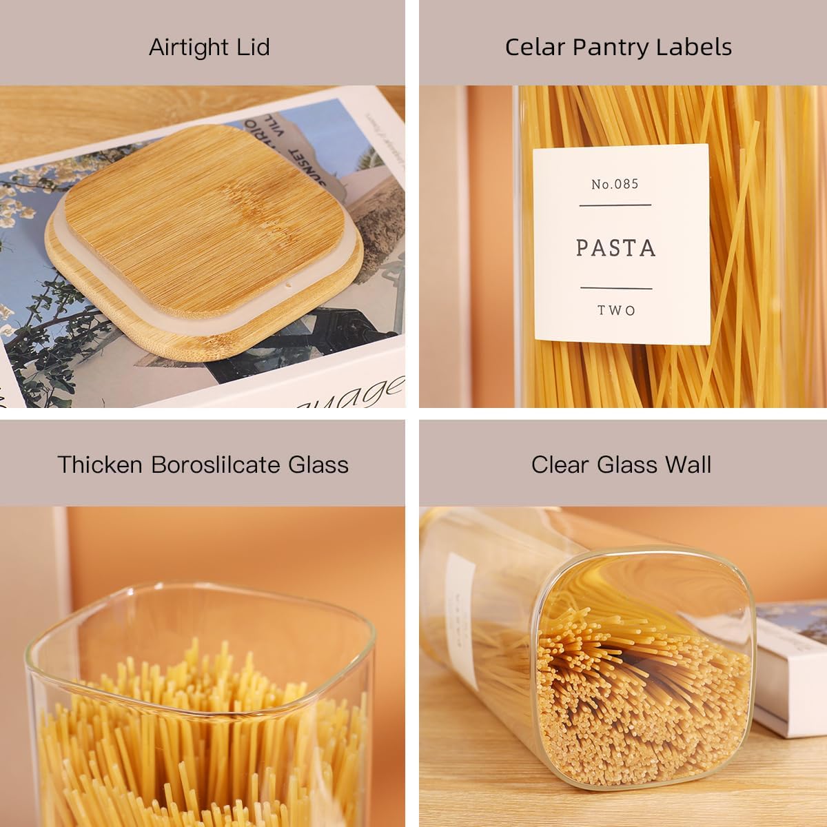 5 Pack Square Glass Pantry Storage Containers with 132 Kitchen Food Pantry Labels - Clear Glass Pantry Jars with Airtight Wood Bamboo Lids - Glass Canisters for Pasta, Cereal, Coffee, Flour, Sugar