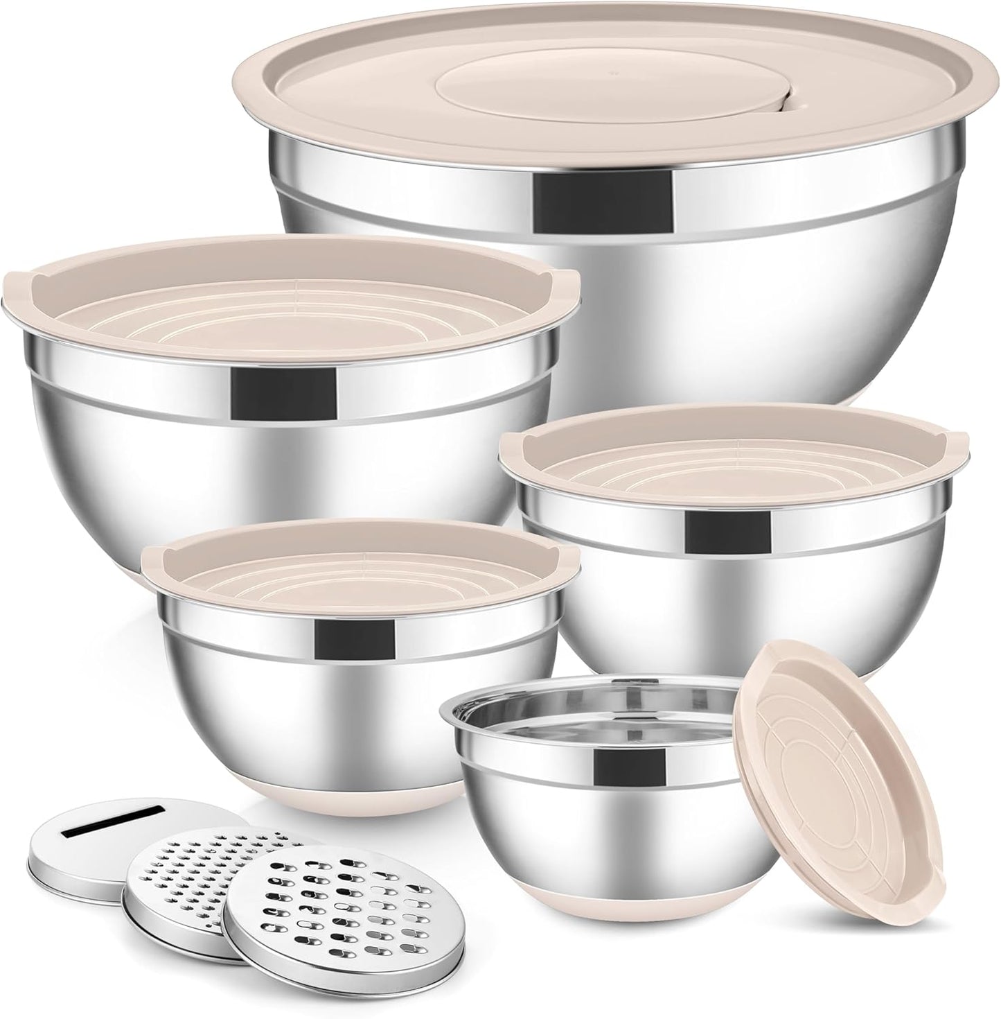 E-far Stainless Steel Mixing Bowls with Lids Set, 5-Piece Nesting Salad Bowls with 3 Grater Attachments and Non-Slip Bottoms, Size 4.6, 2.6, 2, 1.5, 1QT for Kitchen (Khaki)
