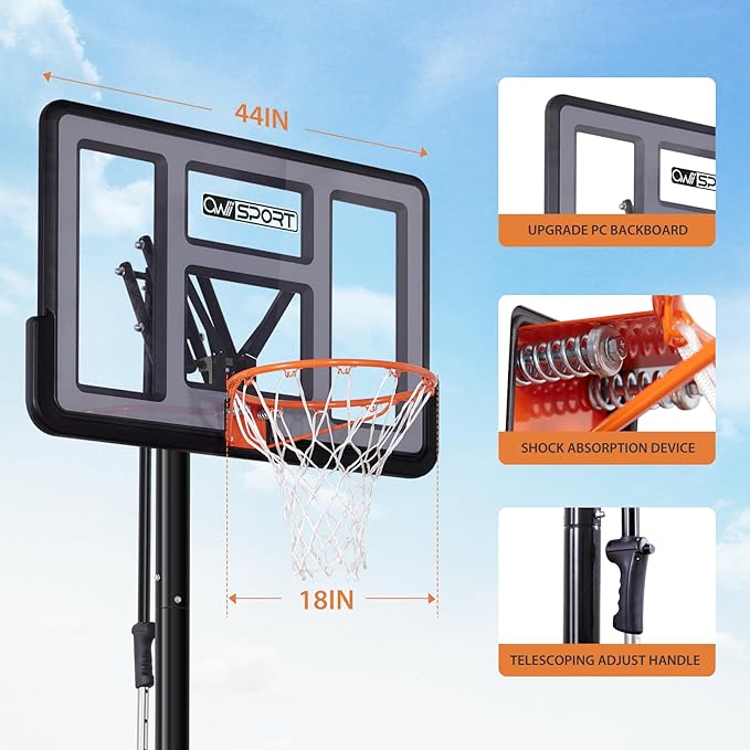 Portable Basketball Hoop Outdoor, 4.8-10FT Height Adjustable Basketball Hoop Goal System with 44-48 Inch Impact Backboard and Portable Wheels for Adults