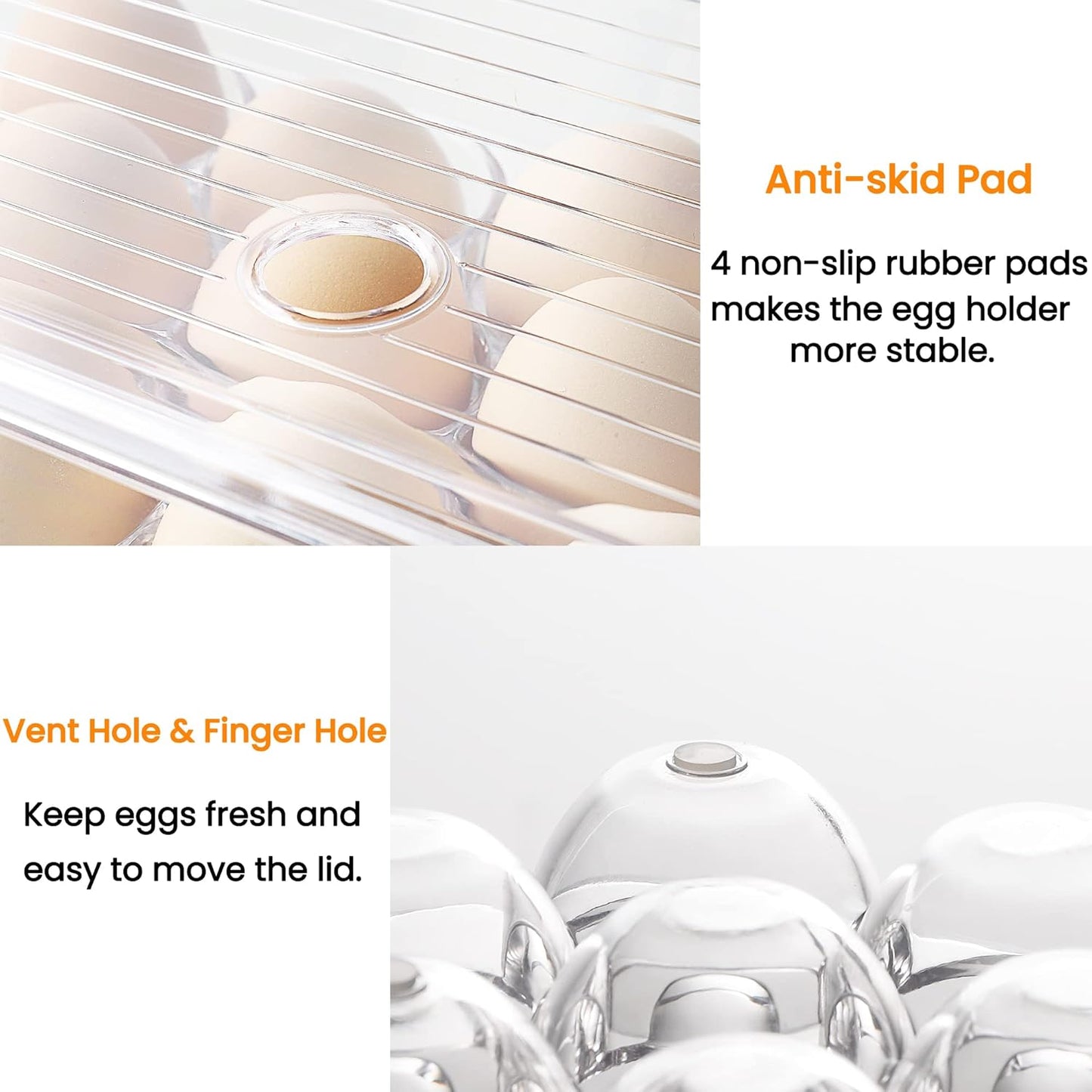 vacane Plastic Egg Holder for Refrigerator,Stackable Egg Holder Clear Tray with Lid,BPA-Free Egg Container Organizer Countertop Kitchen Fridge, Stores 16 Eggs - 2 Pack