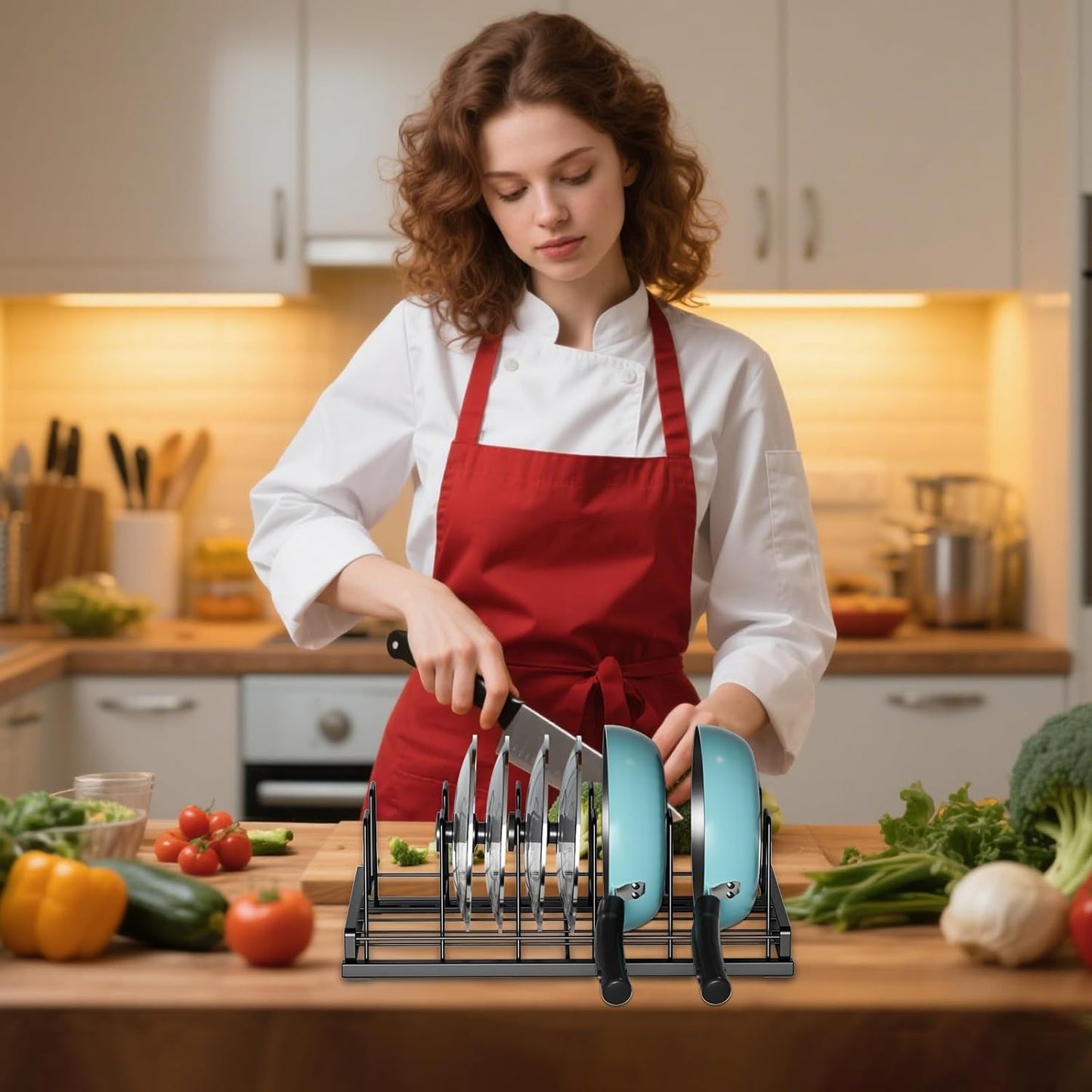 Food Container Lid Organizer for Cabinet, 6 Adjustable Dividers Metal Pot Lid Organizer, Pots and Pans Organizer Under Cabinet Storage Plastic Lids Pots Cookie Sheets for Cabinets, Cupboards, Drawers