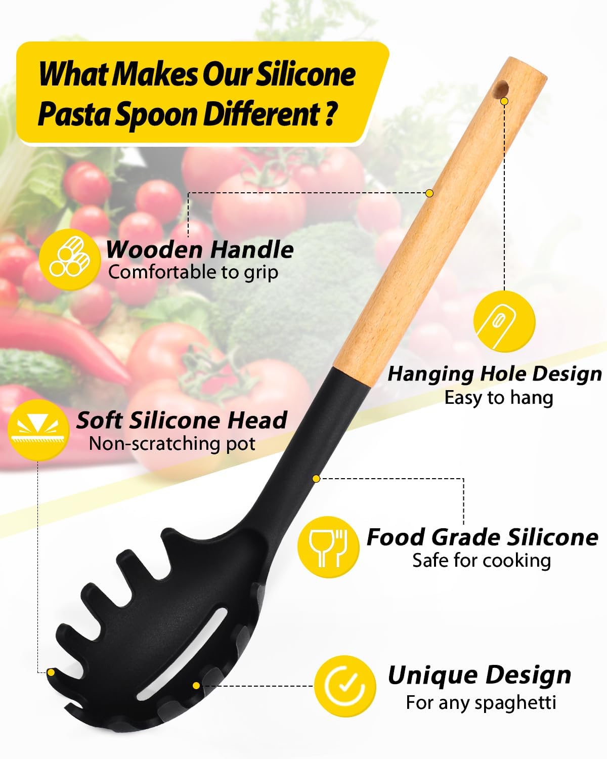 Pack of 2 Spaghetti Spoon, Silicone Pasta Fork with Wooden Handle, Heat Resistant Noodle Spoon Server, BPA Free Spaghetti Strainer(BLACK-KHAKI)