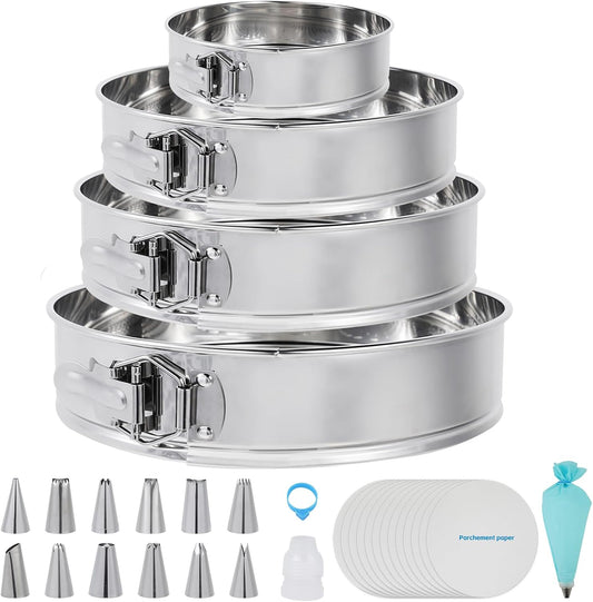 Aufind Springform Pan Set for Baking (4,7,9,10inches), 304 Stainless Steel Springform Cake Pan with Removable Bottom, Cheesecake Pan with 50PCS Parchment Paper for Pie Cake Pizza and Quiches