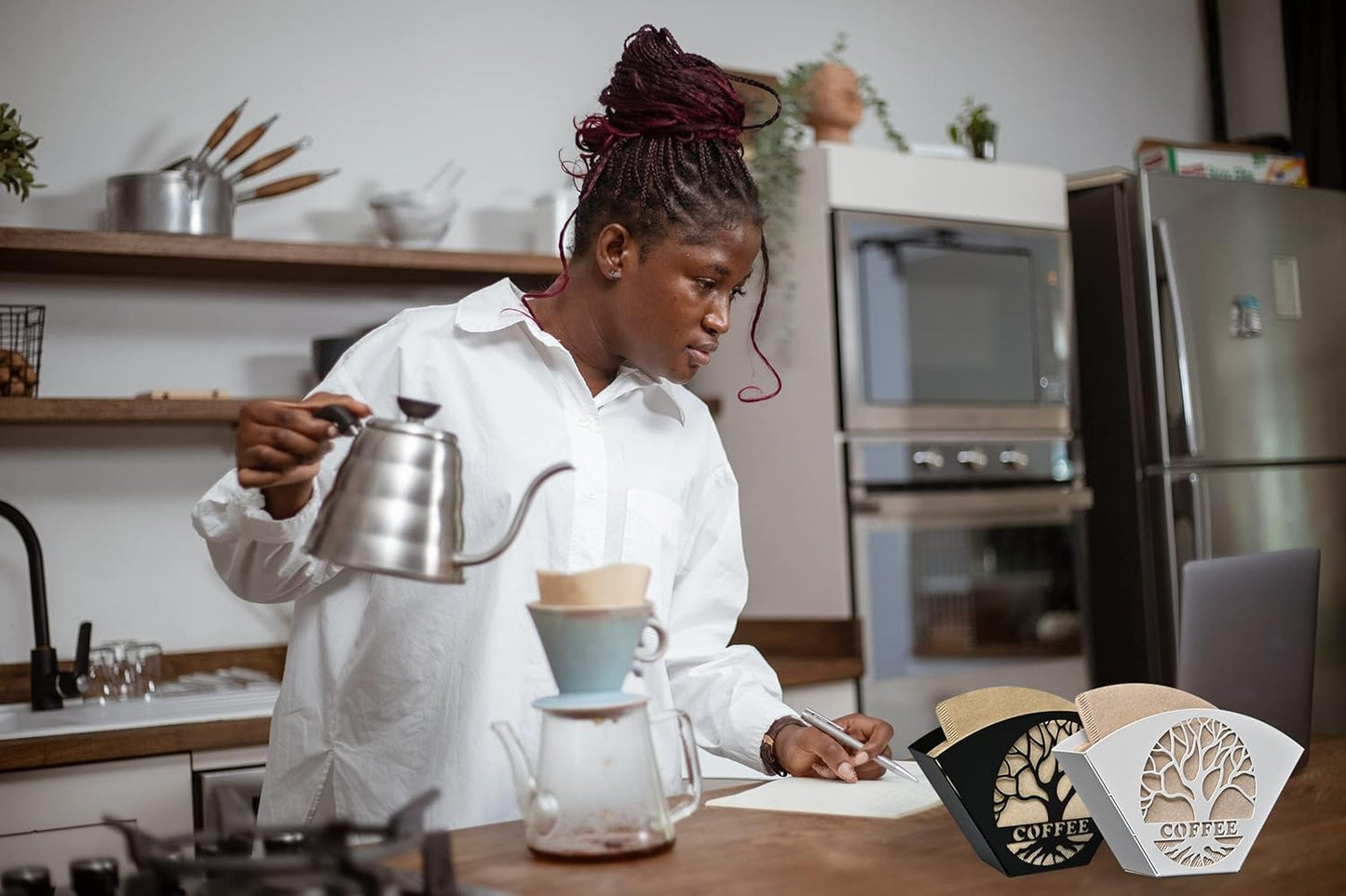 Stylish Coffee Filter Holder with Iron Fan Shape Evenly Spread out Filters, Coffee Filter Rack with Tree of Life Decor Upgrade Your Coffee Enjoyment, Perfect for Home or Office Use (Black)