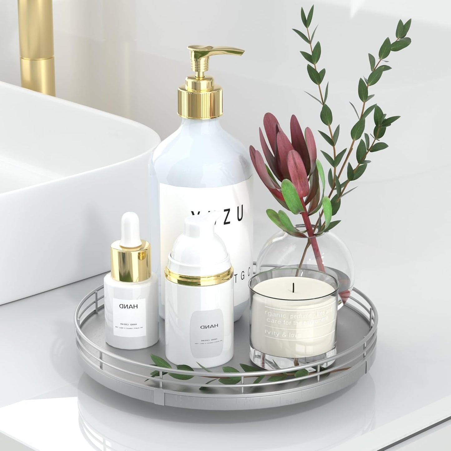 9" Silver Lazy Susan for Table Top, Oak Wood Lazy Susan Turntable Organizer for Dining Coffee Table Centerpiece Bar Decor Kitchen Countertop Bathroom Vanity Decorative Tray for Perfume Jewelry Round