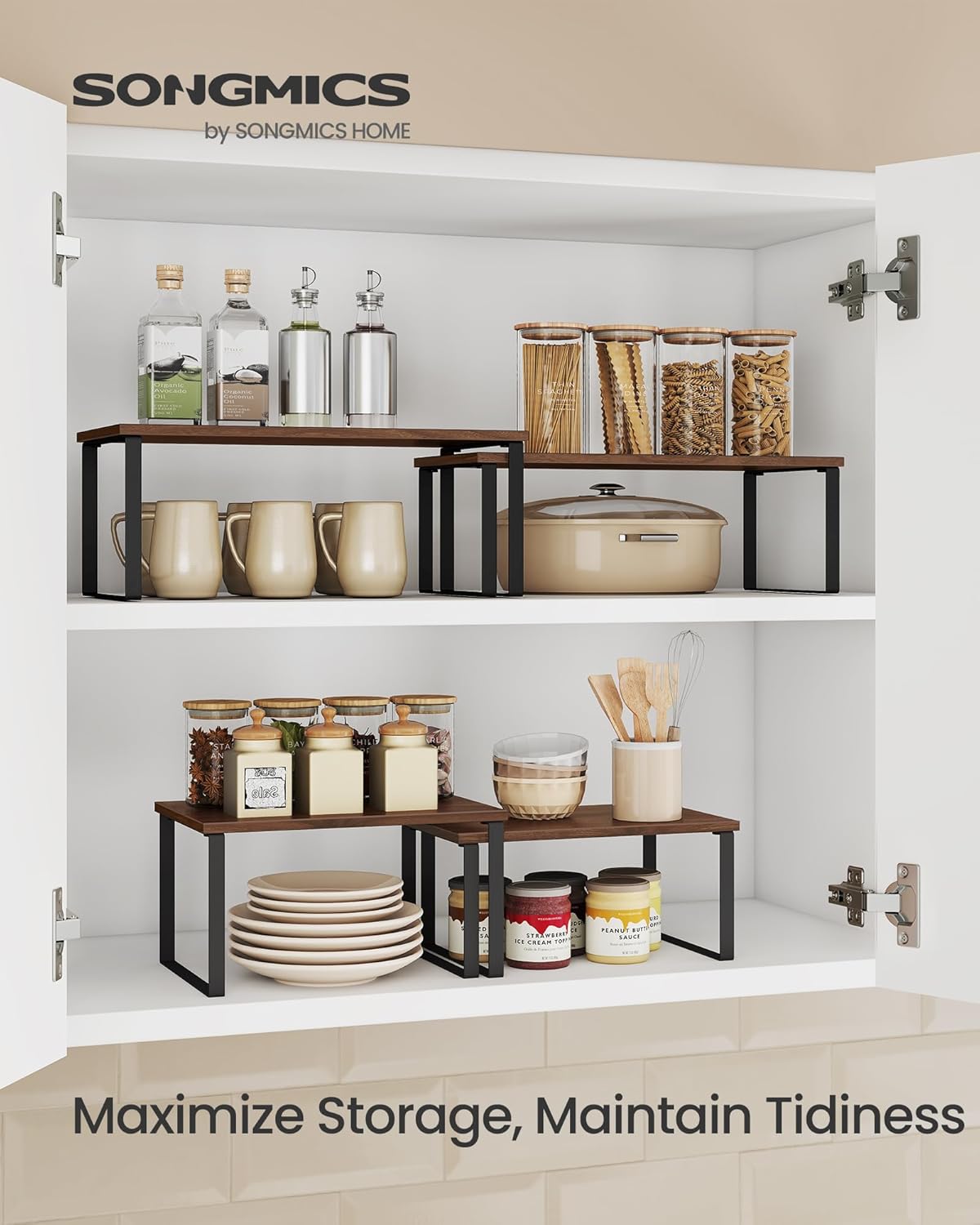 SONGMICS Cabinet Organizer Shelf, Set of 2 Kitchen Counter Shelves, Kitchen Storage, Spice Rack, Stackable, Expandable, Metal and Engineered Wood, Natural Walnut and Matte Black UKCS025K01
