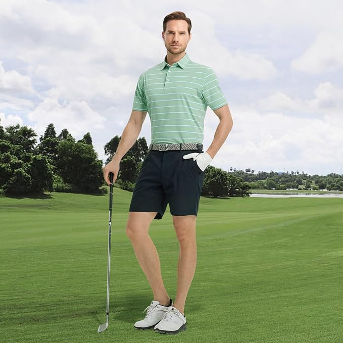 Rouen Mens Golf Shirt Moisture Wicking Dry Fit Performance Stripe Casual Collared Short Sleeve Golf Polo Shirts for Men