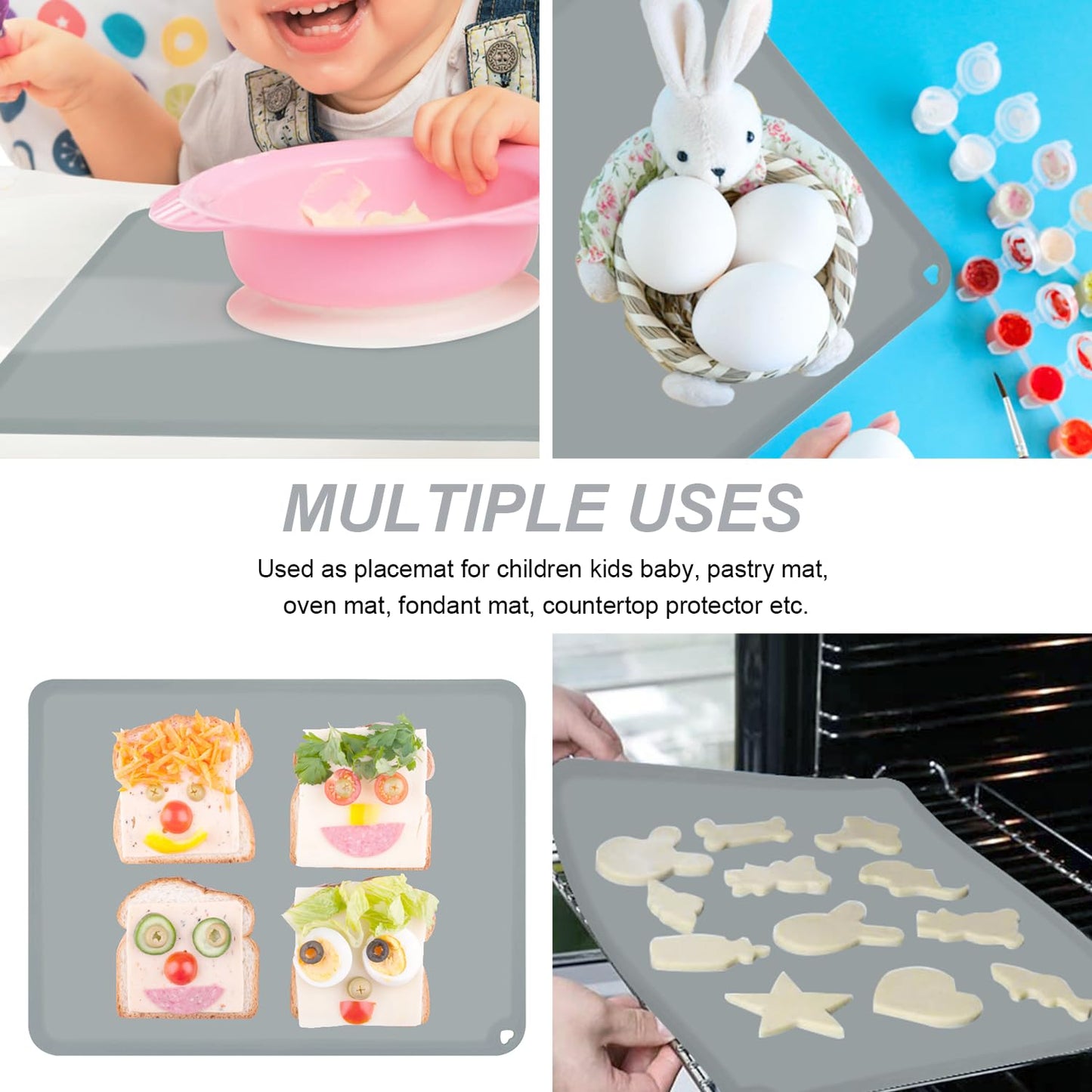 Silicone Placemats for Toddlers Thicker Version, Non-Slip Reusable Kids Placemats for Dining Table, Stain-Proof Baby Table Mat for Restaurants 4 Packs (Light Gray&Beige)