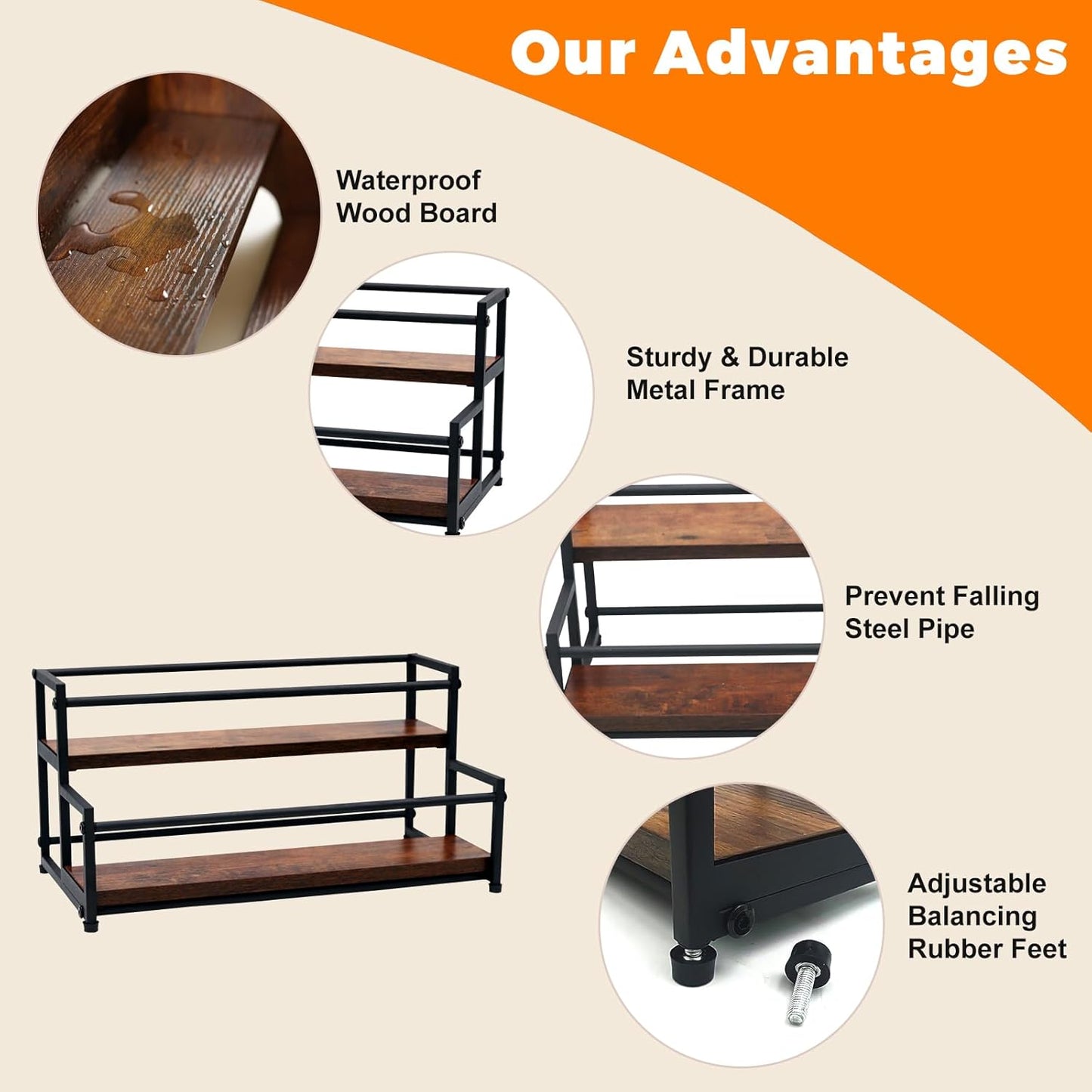 Coffee Syrup Rack Organizer - 2-Tier 10 Syrup Bottles Holder for Coffee Bar, Liquor Bottle Display Shelf - Rustic Kitchen Cabinet for Spices, Jars - Stepped Pantry Shelf for Syrup, Wine, Tea & Coffee