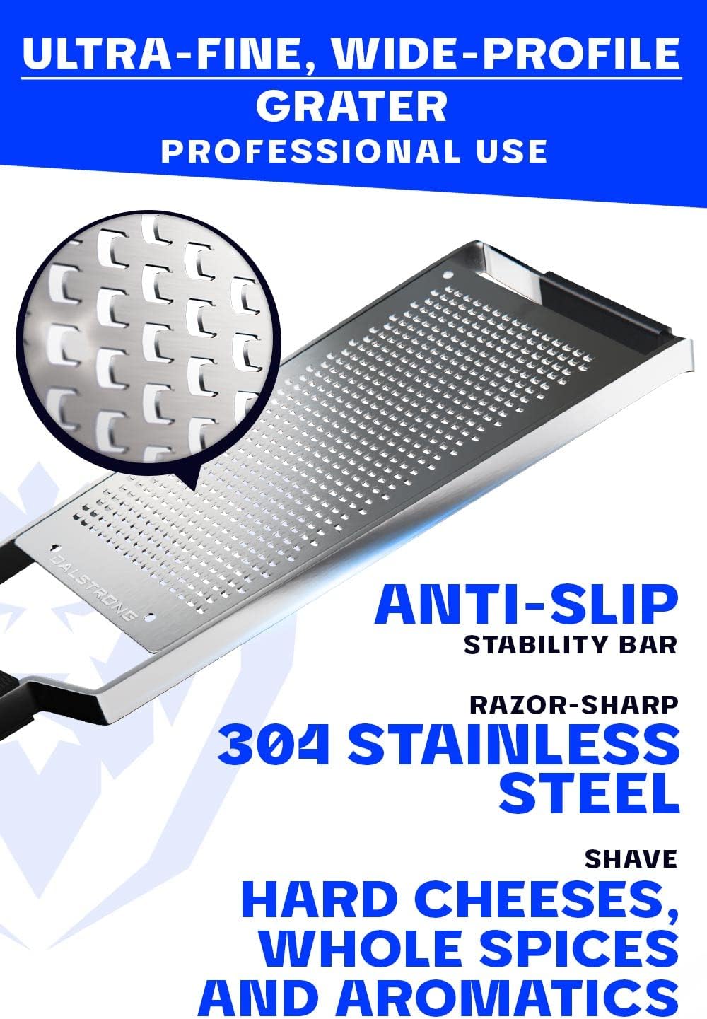 Dalstrong Professional Wide Cheese Grater - Fine - #304 Stainless Steel Blade - G10 Handle Kitchen Shredder - w/Blade Guard - Hard Cheese, Parmesan, Spices, Carrot, Garlic, Ginger - NSF Certified