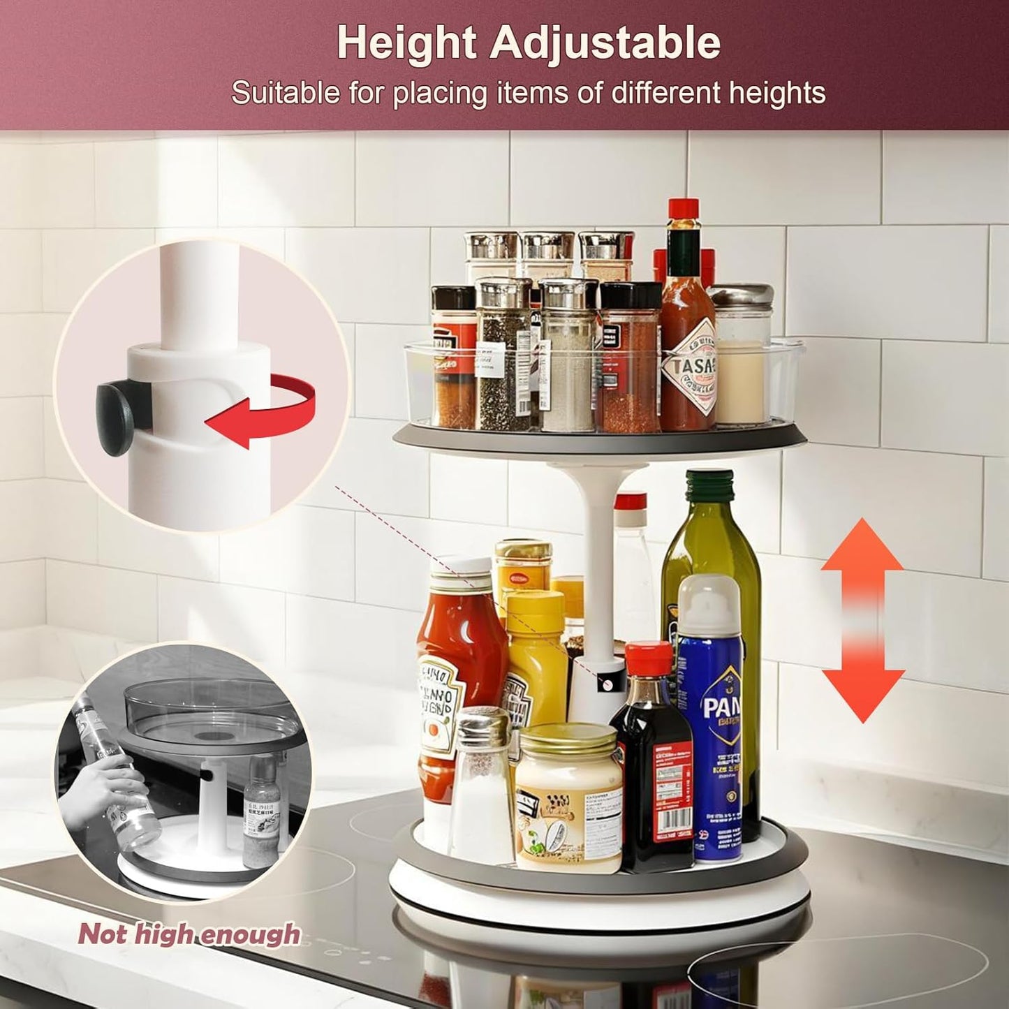 2 Tier Lazy Susan Organizer Clear Turntable for Cabinet Bathroom Countertop and Pantry with Large Spice Rack (11 Inch, White)