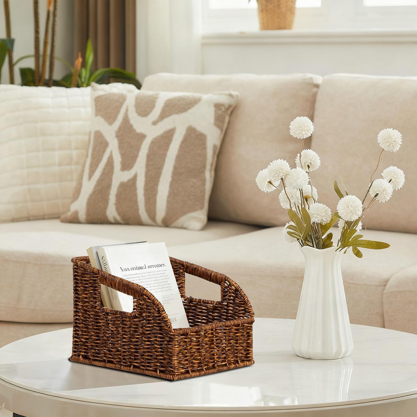 Wicker Baskets for Organizing,Pantry, Kitchen Counter with Handles, Handwoven Woven Storage Baskets for Fruit, Bread, Vegetable, Waterproof Plastic Storage Bins for Shelves, 3 Pack, Brown