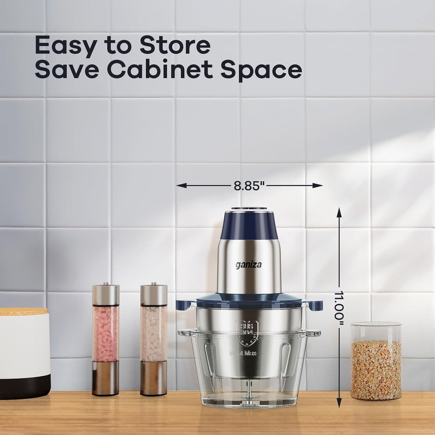 GANIZA Food Processors, Electric Chopper with Meat Grinder & Veggie Chopper - 2 Bowls with Powerful Copper Motor - Includes 2 Sets of Bi-Level Blades for Baby Food/Meat (Blue, 8 Cup+8 Cup)