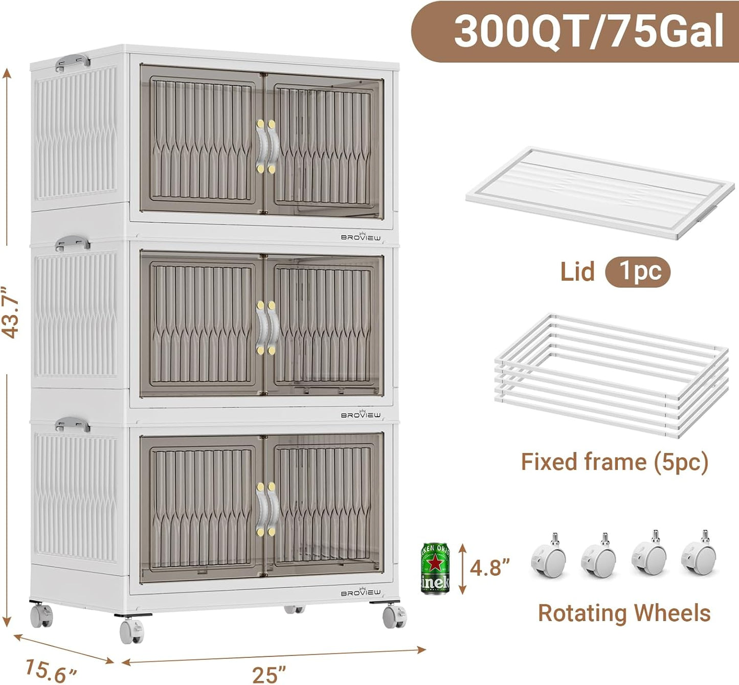 300Qt Stackable Storage Bins with Lid, Extra Large Closet Organizer Collapsible Drawer Boxes with Wheels, Folding Plastic Cabinet Containers for Home Kitchen Room Organization, 3Pack White