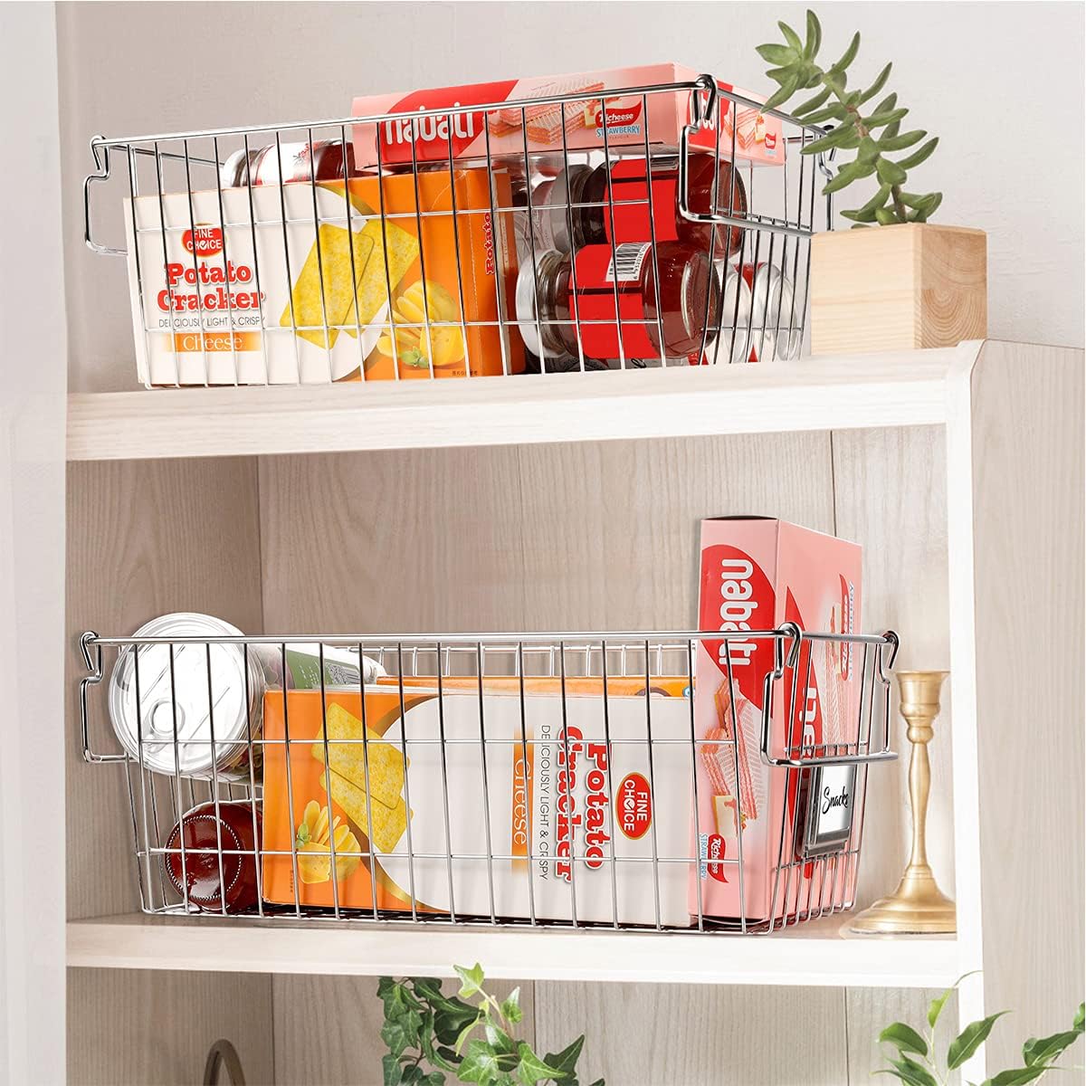Orgneas Stackable Chest Freezer Baskets Organizer Bins, Metal Wire Baskets Pantry Organizer Produce Baskets with Tag Slot for Snacks Vegetables and Fruits
