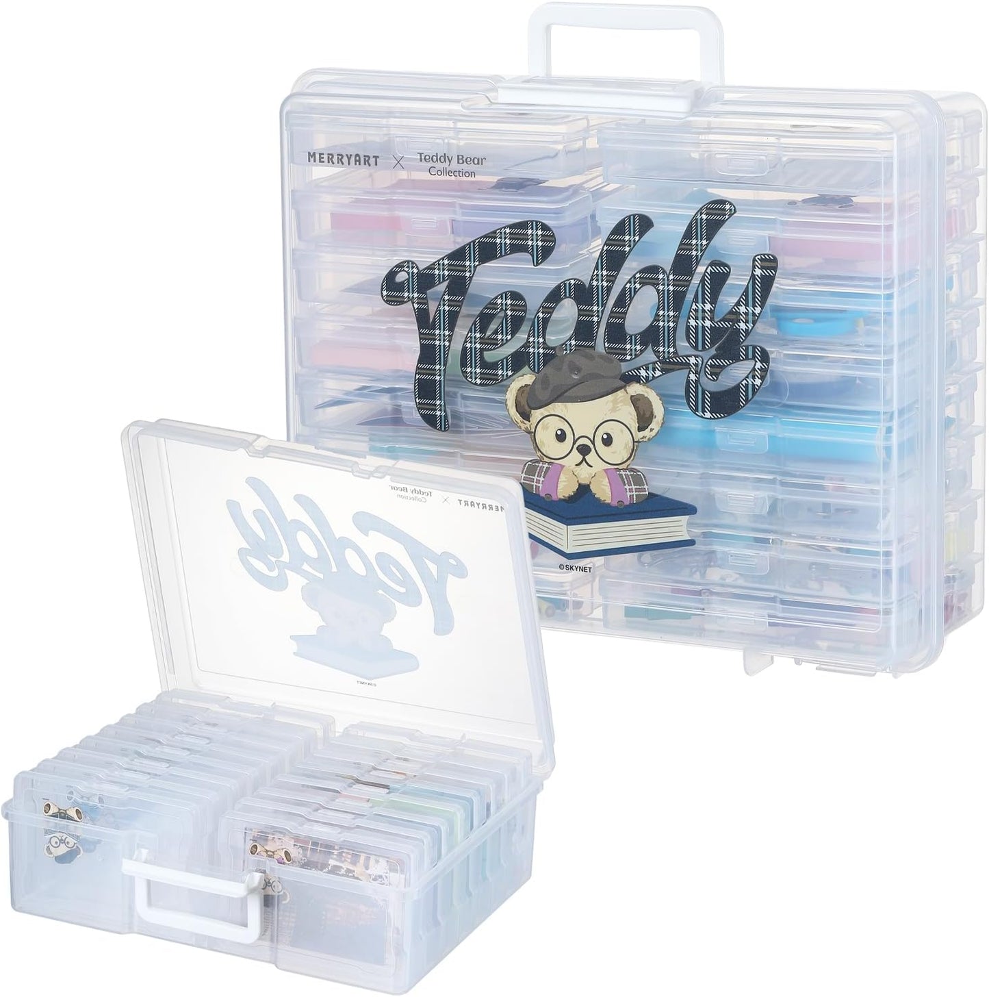 OMNISAFE 4x6 Photo Organizer Cases, Teddy Bear 16 Pack Plastic Craft Storage Container, Box for Pictures, Crafts, Scrapbooking, Transparent Photo Keeper with Handle (Campus Brown)