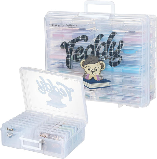 OMNISAFE 4x6 Photo Organizer Cases, Teddy Bear 16 Pack Plastic Craft Storage Container, Box for Pictures, Crafts, Scrapbooking, Transparent Photo Keeper with Handle (Campus Brown)