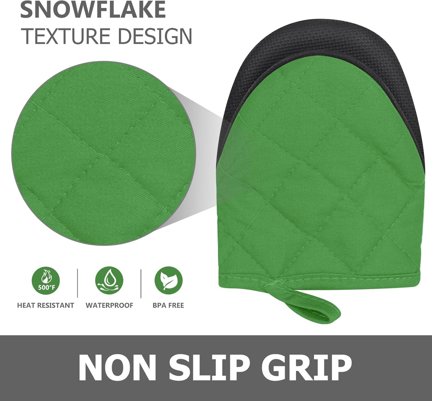 1 Pair Short Oven Mitts - Silicone Kitchen Oven Gloves High Heat Resistant 500℉, Mini Oven Mits with Non-Slip Grip Surfaces and Hanging Loop for BBQ, Baking, Cooking and Grilling (Green)